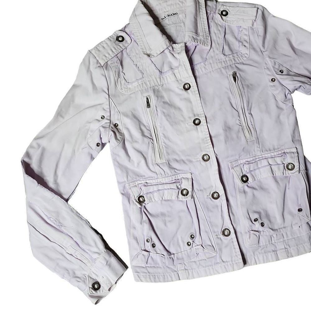 Da-Nang purple distressed embroidered peacock bird cargo button down jacket - Picture 5 of 6